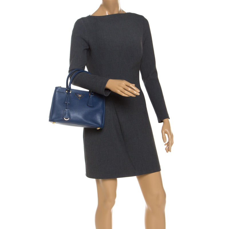 

Prada Blue Saffiano Lux Leather Small Double Zip Tote