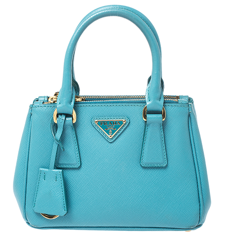 Pre Owned Prada Turquoise Saffiano Lux Leather Mini Double Zip Tote