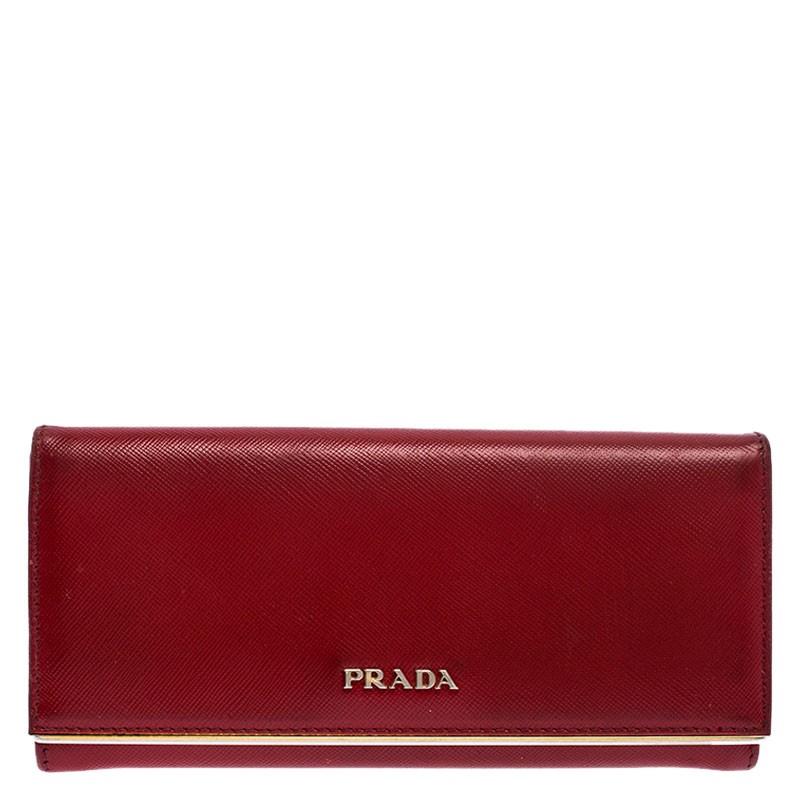 Pre Owned Prada Red Saffiano Lux Leather Continental Wallet