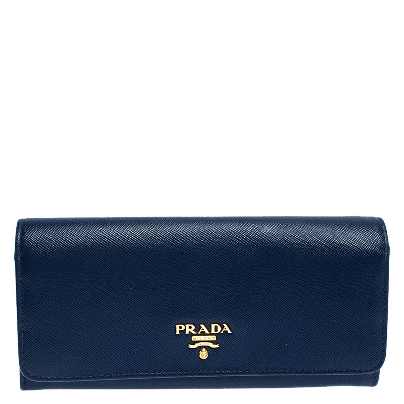 Pre Owned Prada Blue Saffiano Lux Leather Continental Wallet