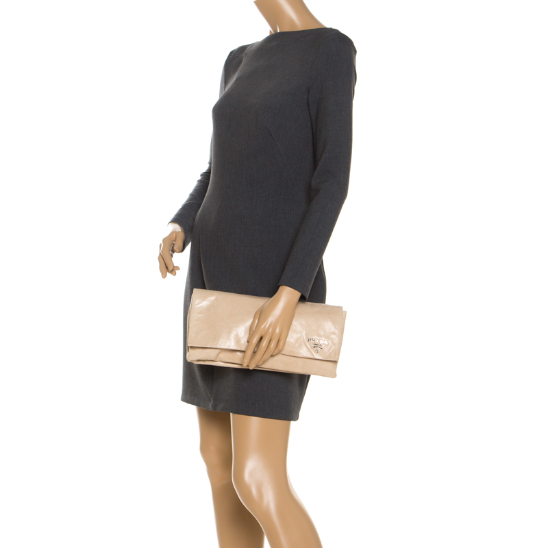 

Prada Beige Lux Leather Flap Clutch