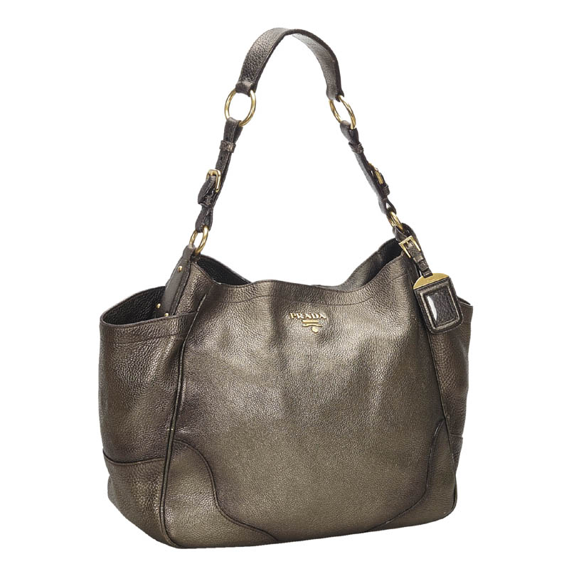 

Prada Silver Vitello Daino Leather Shoulder Bag, Black