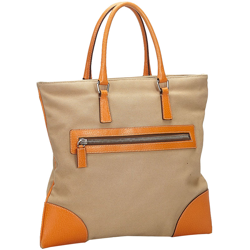 

Prada Orange/Beige Canapa Canvas Tote Bag