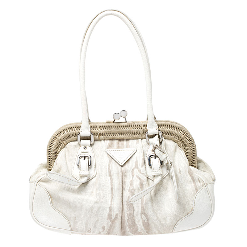 Pre-owned Prada Beige/cream Canvas And Leather Kiss Lock Satchel