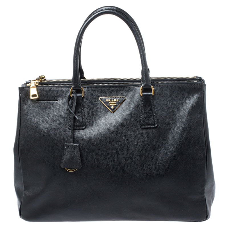 Pre Owned Prada Black Saffiano Lux Leather Large Double Zip Tote