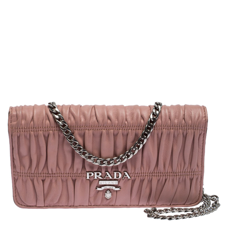 Pre-owned Prada Beige Nappa Leather Mini Bandoliera Wallet On Chain