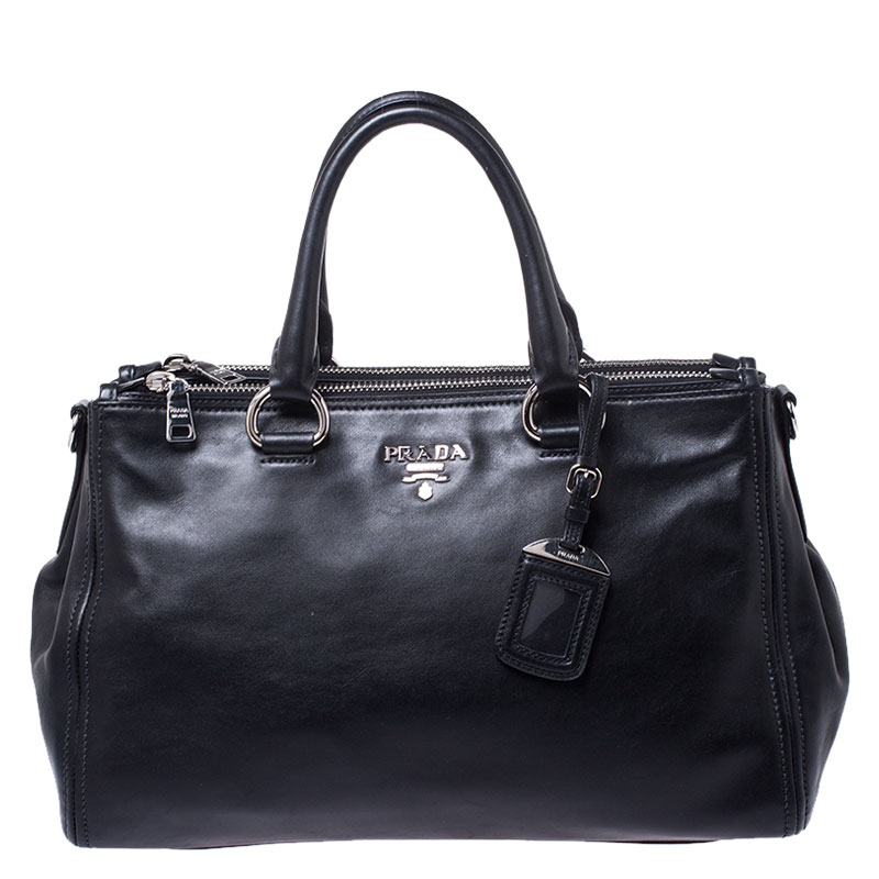 Pre Owned Prada Black Soft Leather Double Zip Tote 