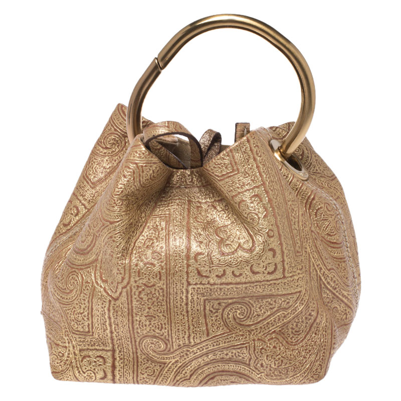 Pre Owned Prada Gold Printed Leather Ring Pouch