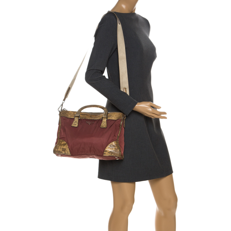 

Prada Burgundy/Cream Nylon and Lizard Zip Satchel