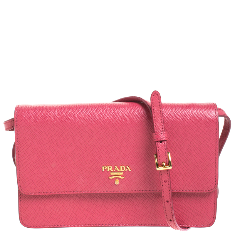 Pre Owned Prada Hot Pink Saffiano Leather Clutch Shouder Bag