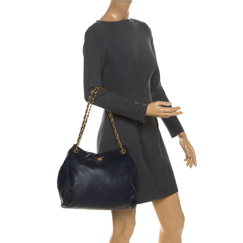 

Prada Navy Blue Soft Leather Chain Tote
