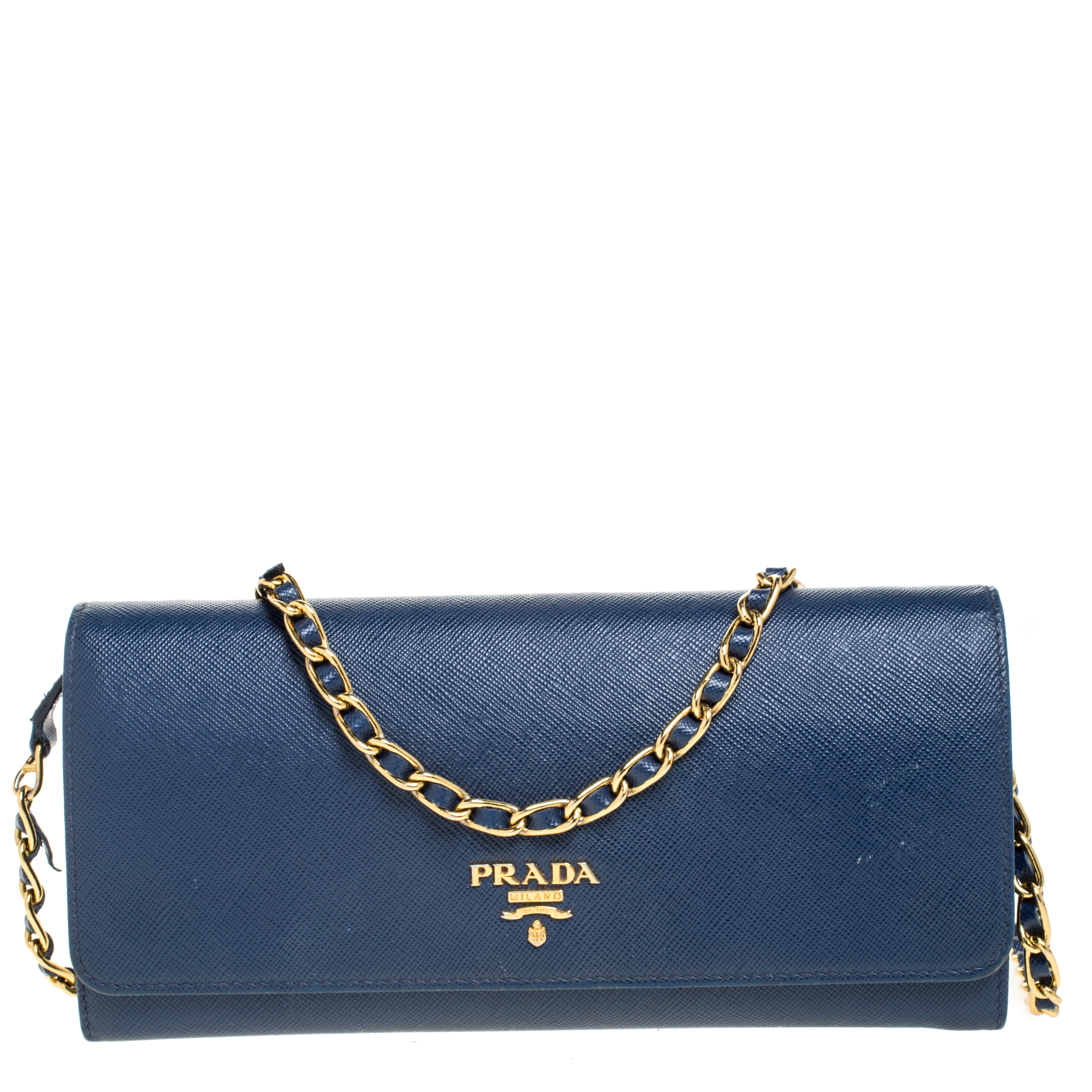 Prada Navy Blue Saffiano Lux Leather Wallet on Chain