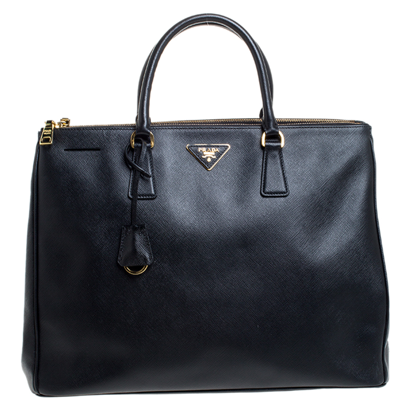 Pre Owned Prada Black Saffiano Leather Executive Double Zip Tote