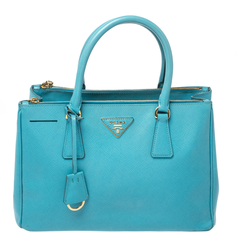Pre Owned Prada Turquoise Saffiano Lux Leather Small Double Zip Tote