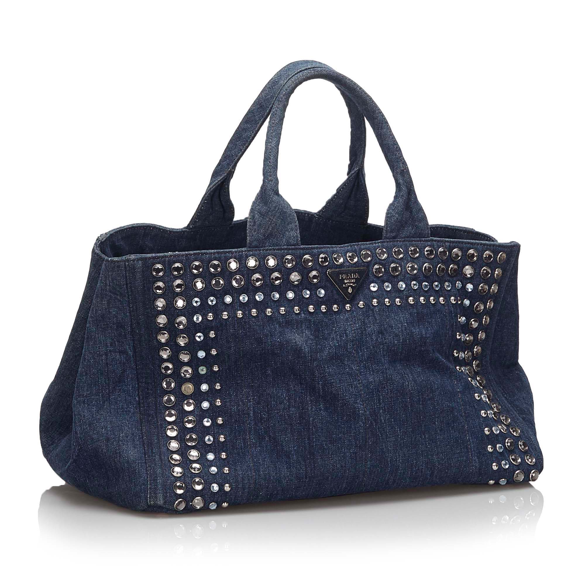 

Prada Blue Denim Canapa Studded Tote Bag