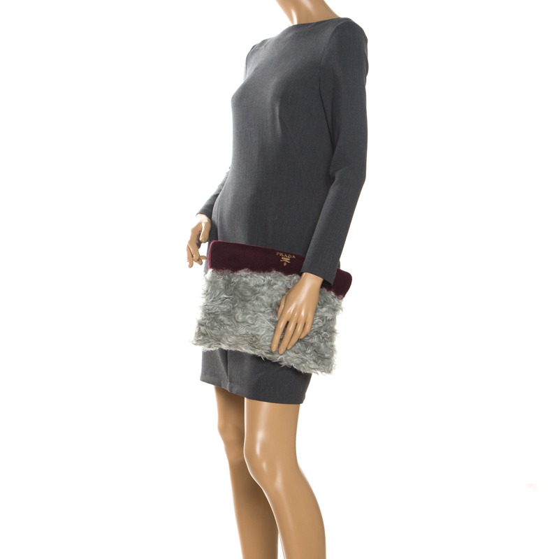 

Prada Maroon/Grey Fur Clutch