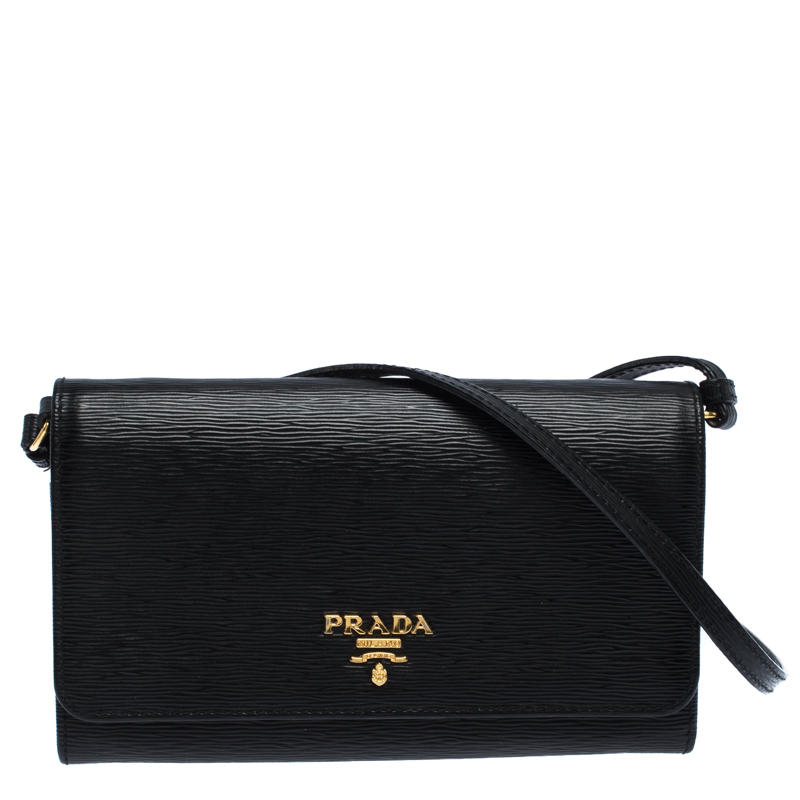 Pre Owned Prada Black Leather Wallet On Strap