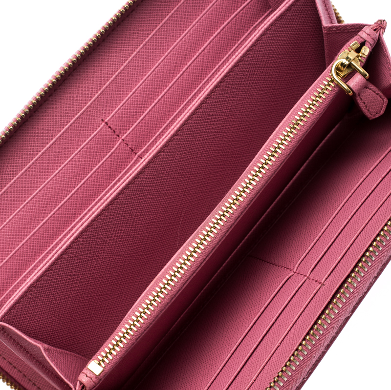 

Prada Pink Saffiano Lux Leather Logo Zip Around Wallet