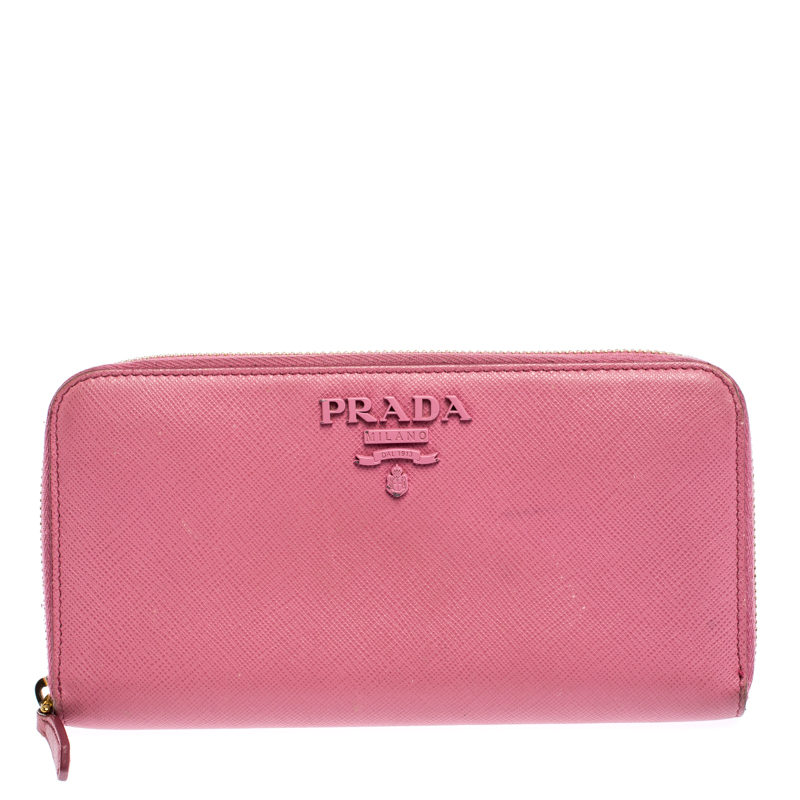 Pre Owned Prada Pink Saffiano Lux Leather Logo Zip Around Wallet 