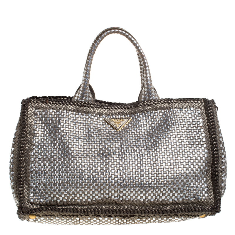 Pre Owned Prada Metallic Silver Woven Leather Tote