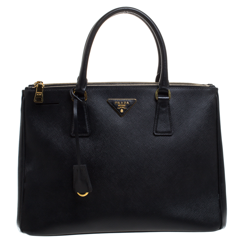 Pre Owned Prada Black Saffiano Lux Leather Medium Galleria Double Zip Tote