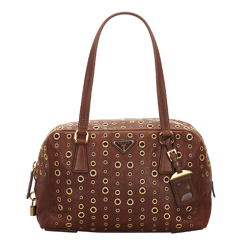 Pre Owned Prada Brown Grommet Leather Shoulder Bag