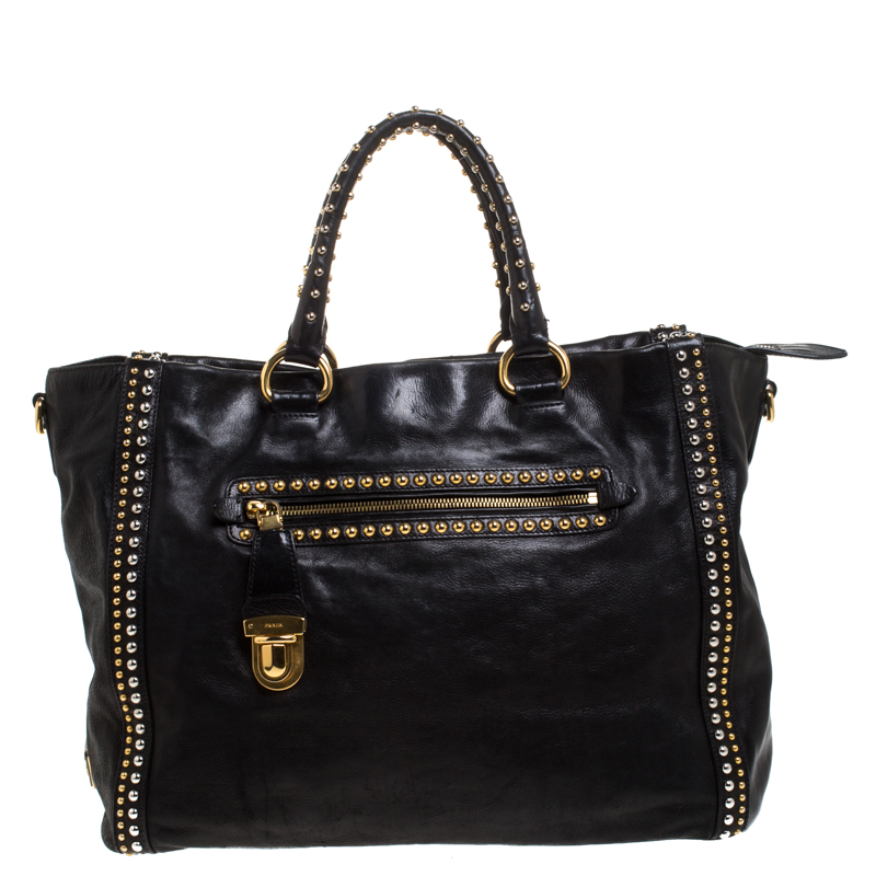 Pre Owned Prada Black Leather Gold/Silver Studded Tote