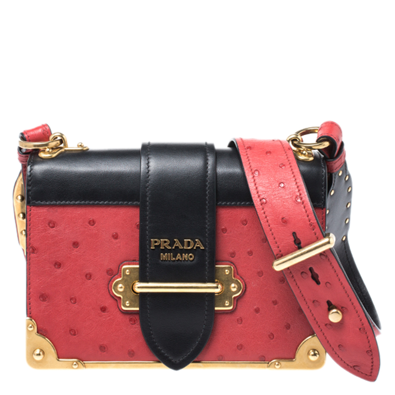 Pre-owned Prada Black/red Leather And Ostrich Cahier Flap Shoulder Bag ...