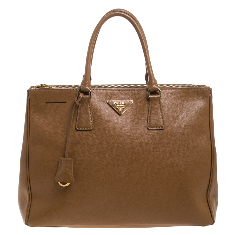 Pre Owned Prada Caramel Saffiano Lux Leather Large Double Zip Tote