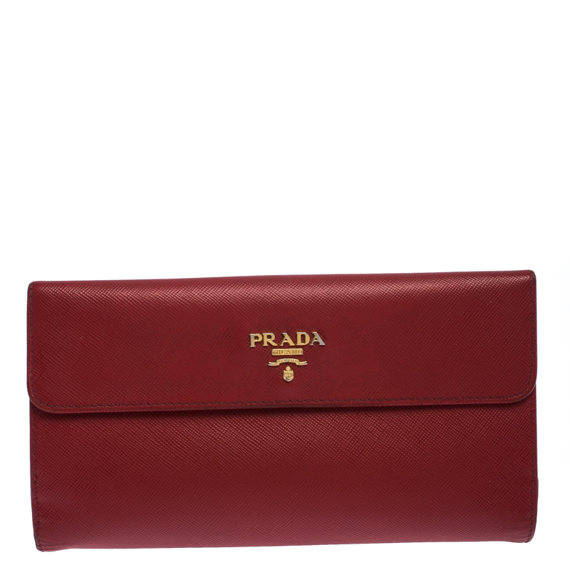 Pre Owned Prada Red Saffiano Metal Leather Long Flap Wallet