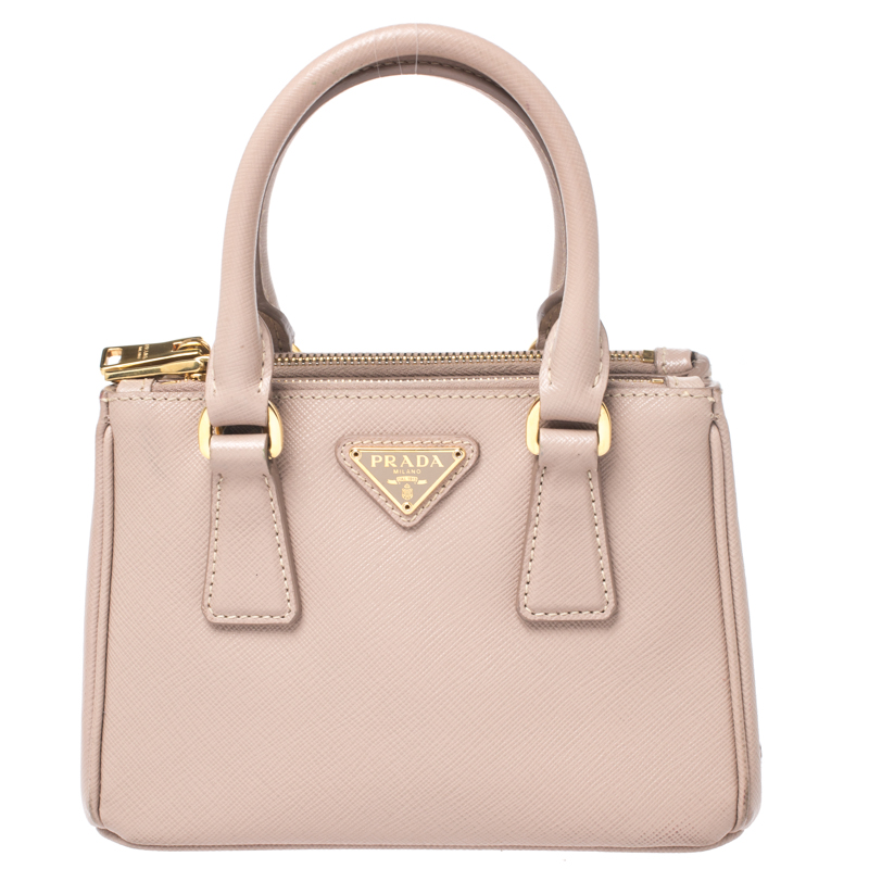 Pre Owned Prada Old Rose Saffiano Lux Leather Mini Double Zip Tote