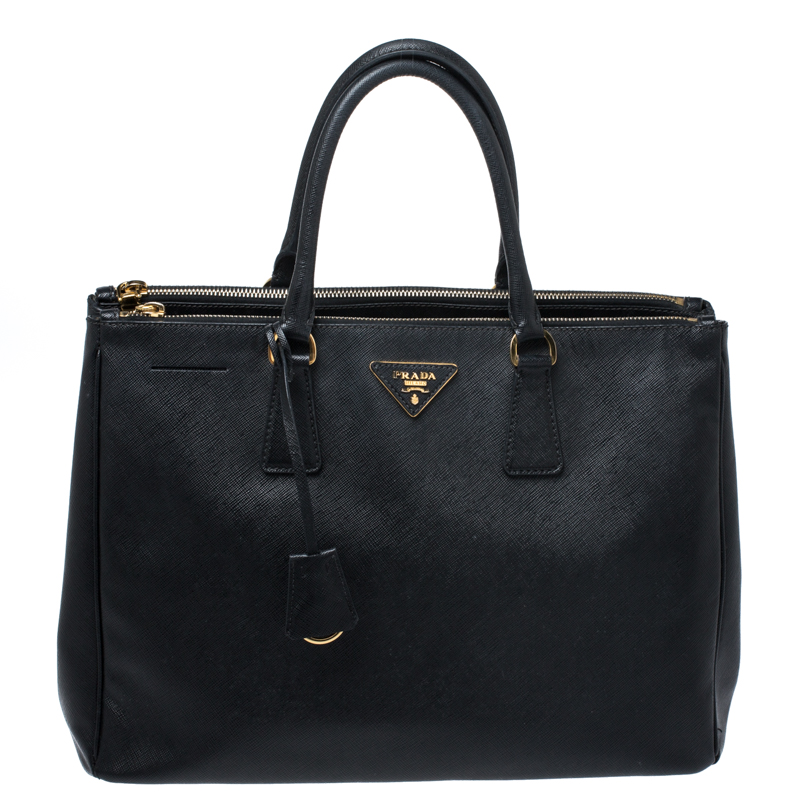 Pre Owned Prada Black Saffiano Lux Leather Large Double Zip Tote