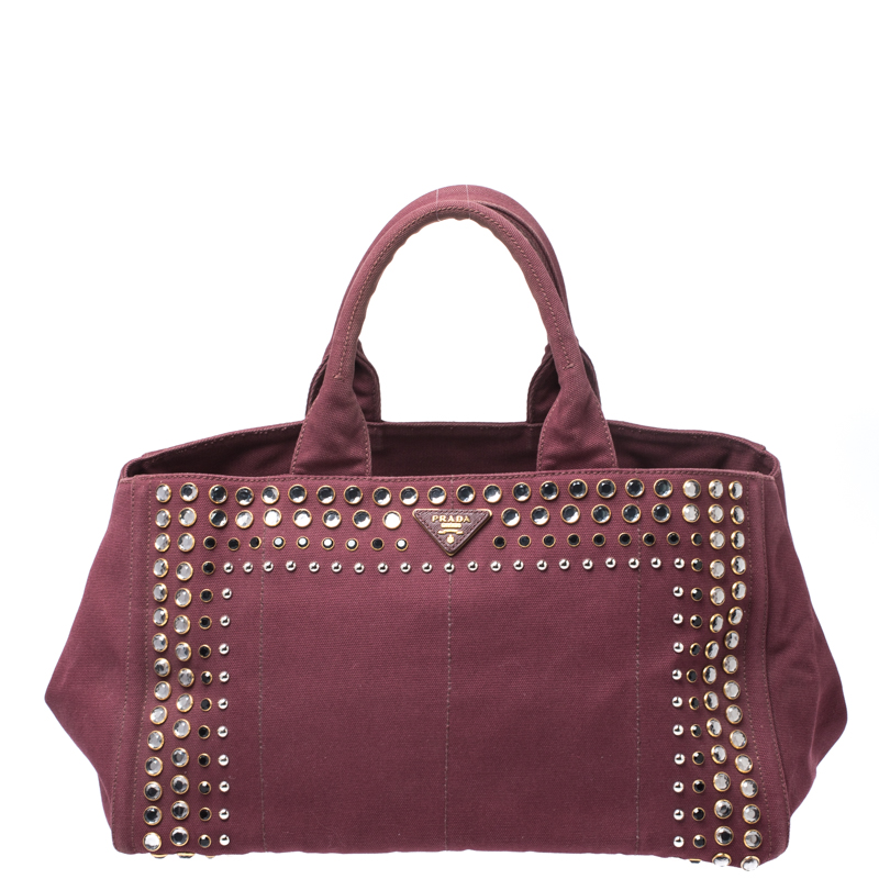 Pre Owned Prada Burgundy Canvas Crystal Studded Tote