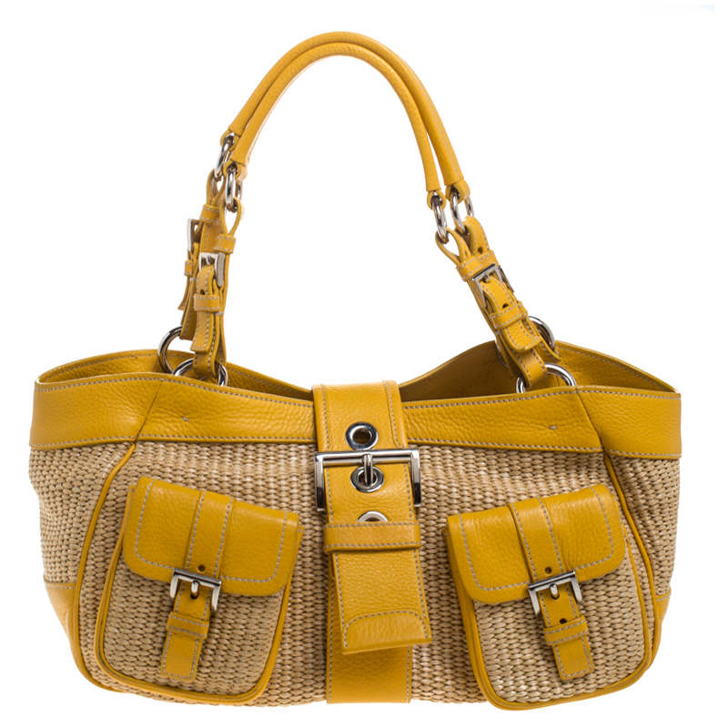 Prada Yellow/Natural Straw Front Pocket Satchel