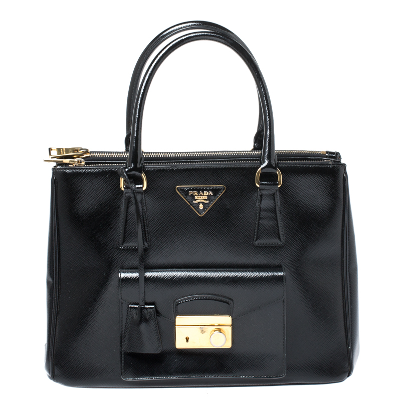 Pre Owned Prada Black Saffiano Patent Leather Medium Front Pocket Double Zip Lux Tote 