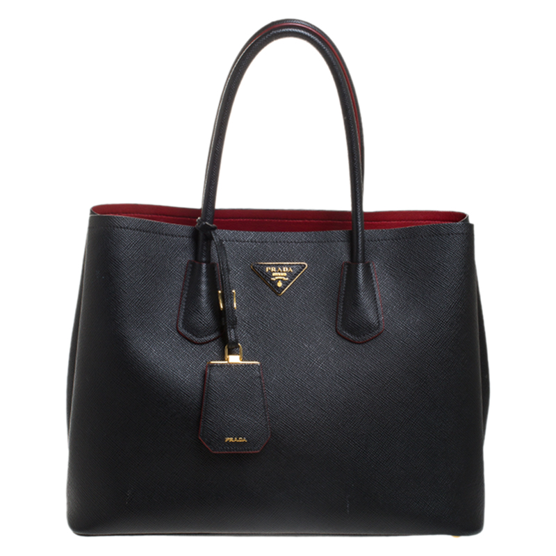 Pre Owned Prada Black Saffiano Cuir Leather Double Handle Tote