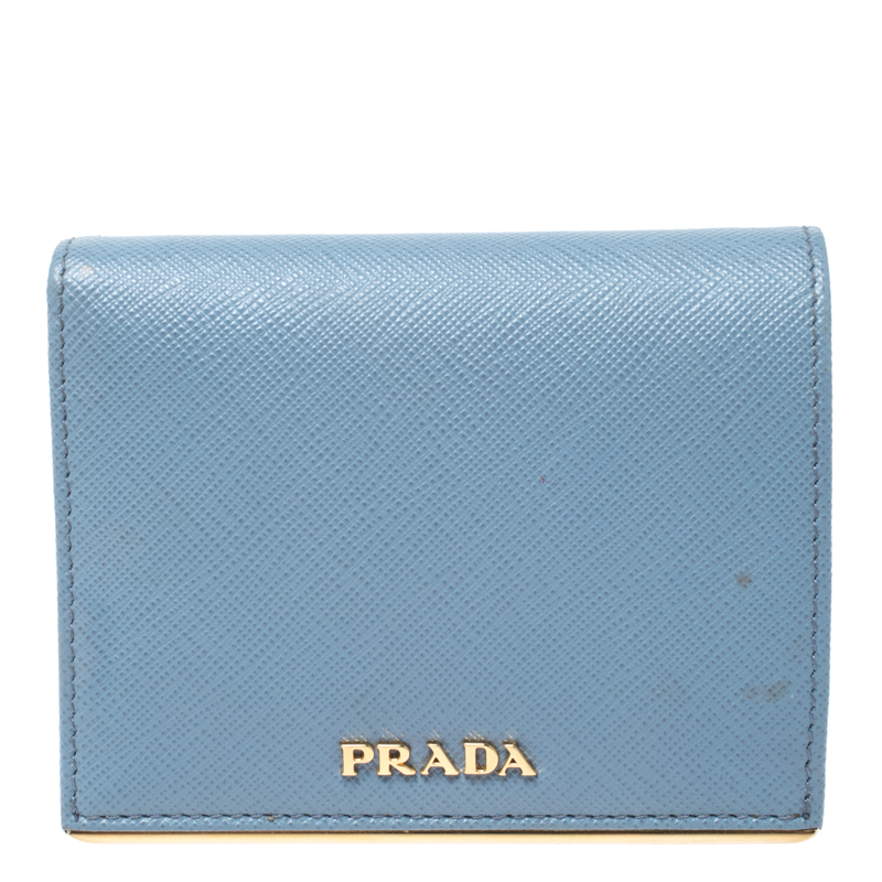 Pre-owned Prada Astrale Saffiano Metal Leather Bifold Wallet In Blue