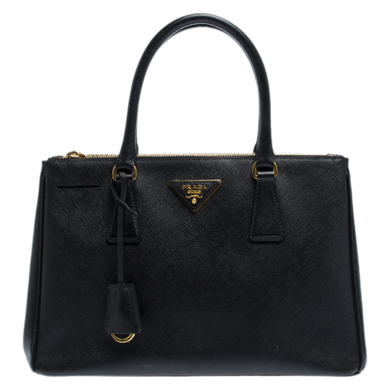 Pre Owned Prada Black Saffiano Leather Small Galleria Double Zip Tote