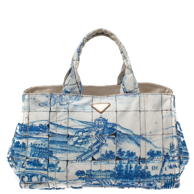 Pre Owned Prada Off White/Blue Printed Canvas Large Canapa Tote