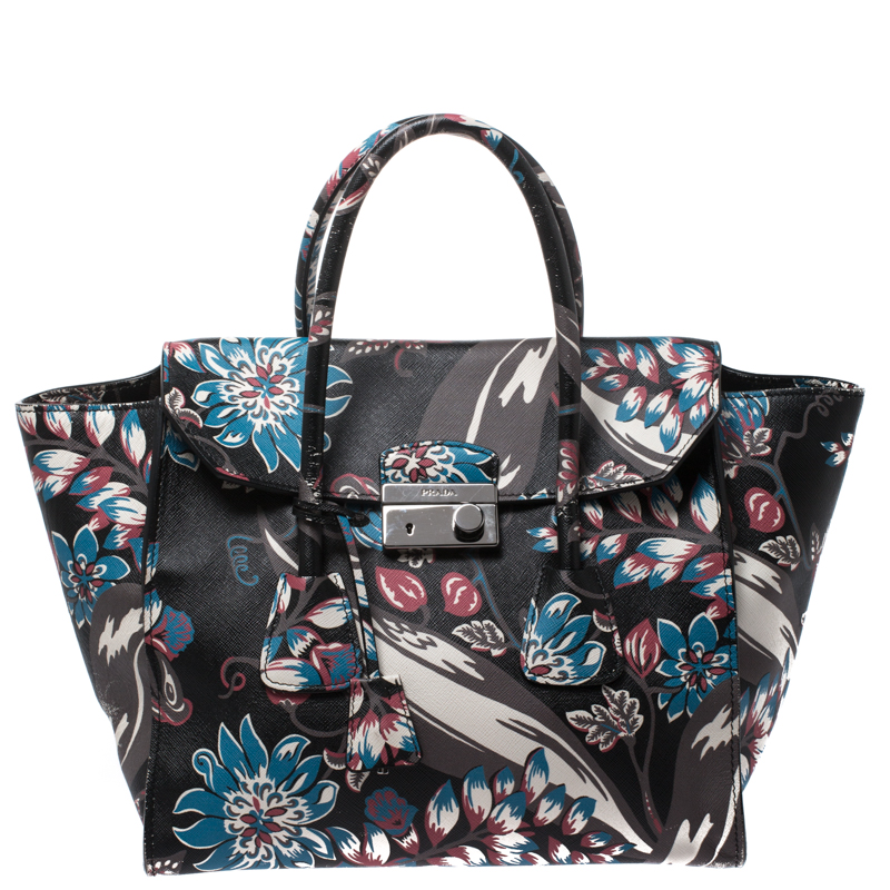 Pre Owned Prada Black/Multicolor Floral Print Leather Sound Lock Tote