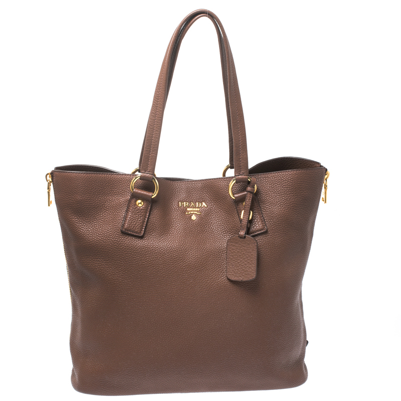 Pre Owned Prada Dark Brown Vitello Daino Leather Side Zip Tote