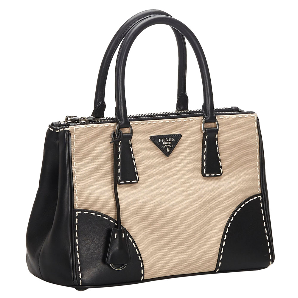 

Prada Brown/Black Canvas And Leather Galleria Double City Stitch Satchel, Beige