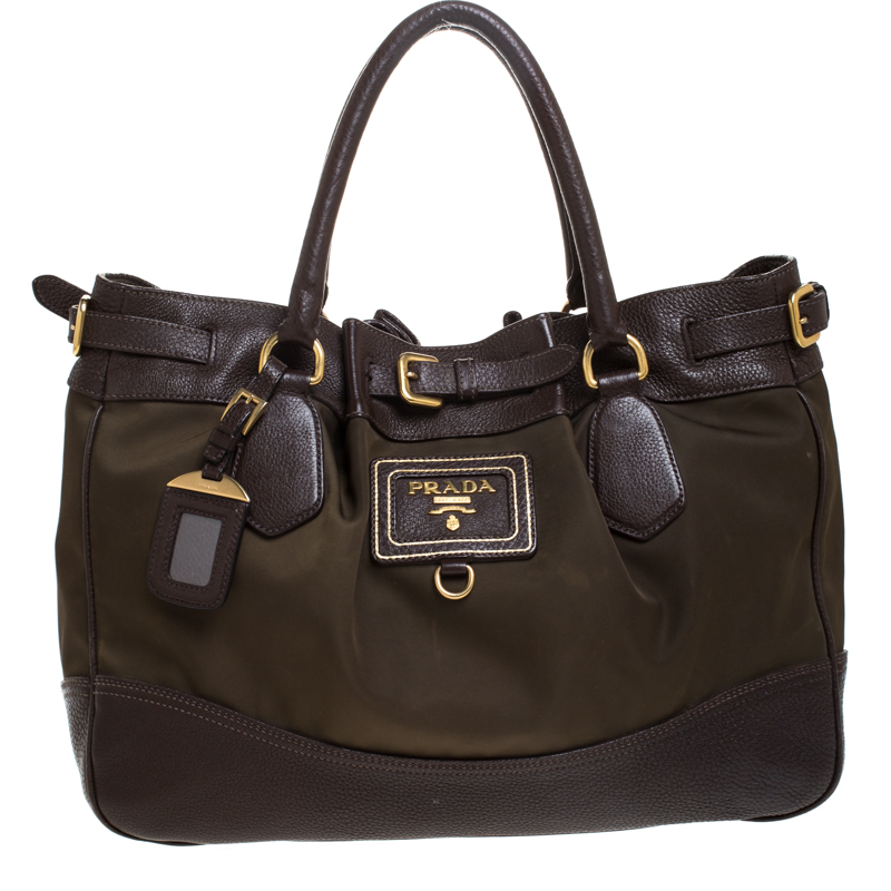 Pre Owned Prada Brown/Green Nylon and Leather Buckle Tote