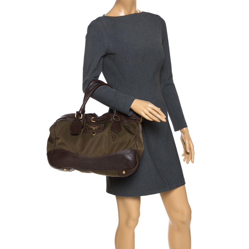 

Prada Brown/Green Nylon and Leather Buckle Tote