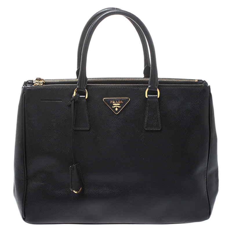 Pre Owned Prada Black Saffiano Lux Leather Medium Galleria Double Zip Tote