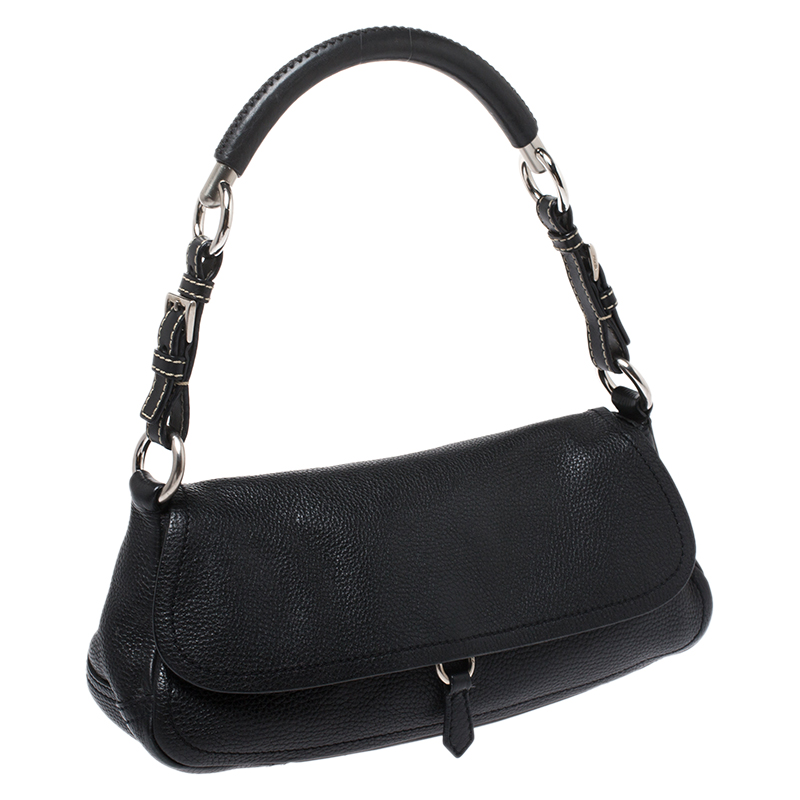 Prada Black Pebbled Leather Small Baguette Bag Prada