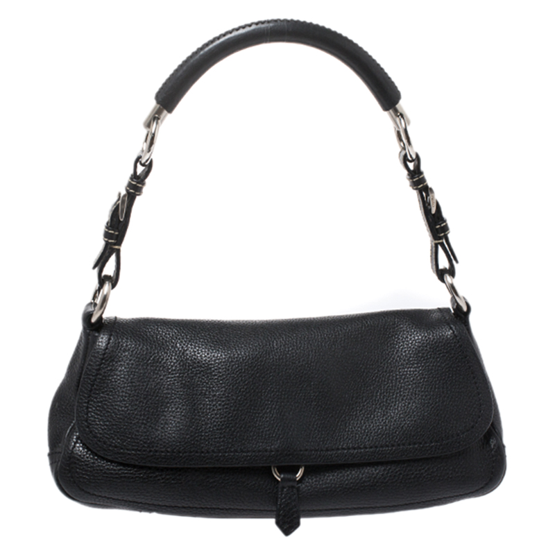 Pre Owned Prada Black Pebbled Leather Small Baguette Bag