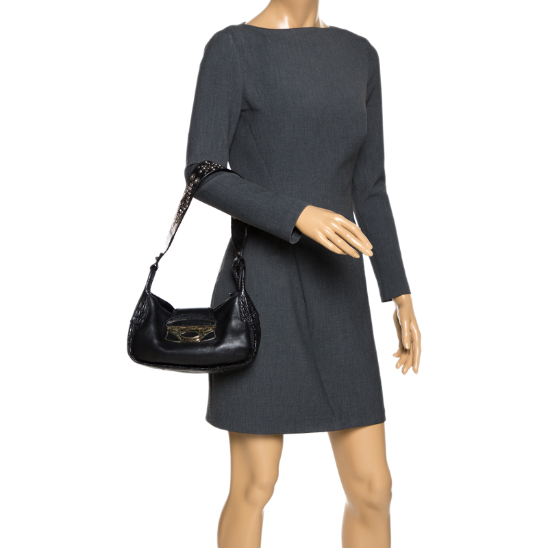 

Prada Black Leather with Exotic Embossed Trim  Shoulder Bag