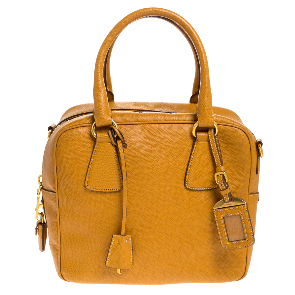 Pre-owned Prada Ocra Yellow Saffiano Leather Bauletto Bag