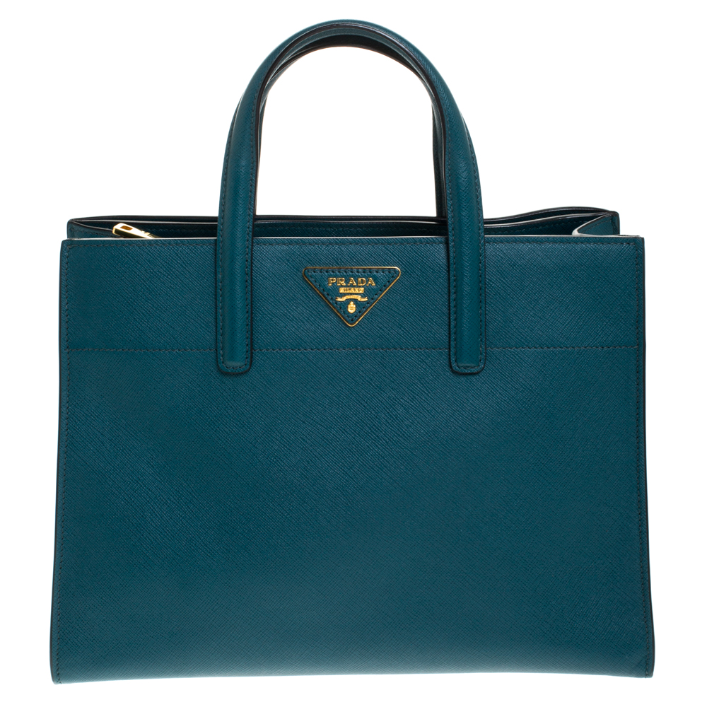Pre Owned Prada Petroleum Green Saffiano Leather Triple Pocket Convertible Tote